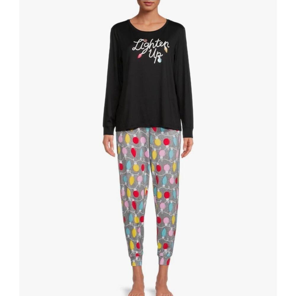 Lighten Up Black Top Long Sleeve Christmas Pajama Sleep Set SMALL Size 4-6